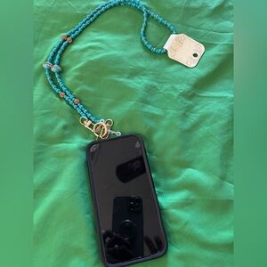 Turquoise Beaded Phone Lanyard Necklace with Gold Accents